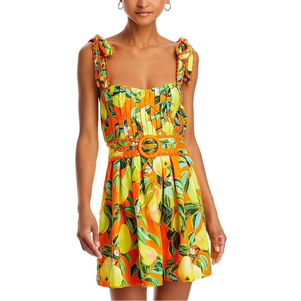 Farm Rio Womens Orange Chic Pears Short Sleeve Floral Print Mini Dress Size S